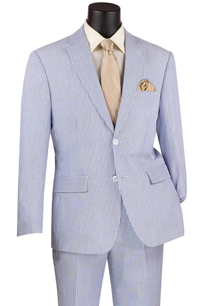 Men’s Navy Blue Pinstripe Seersucker 2 Piece Summer Suit, Lightweight Wedding and Beach Suit