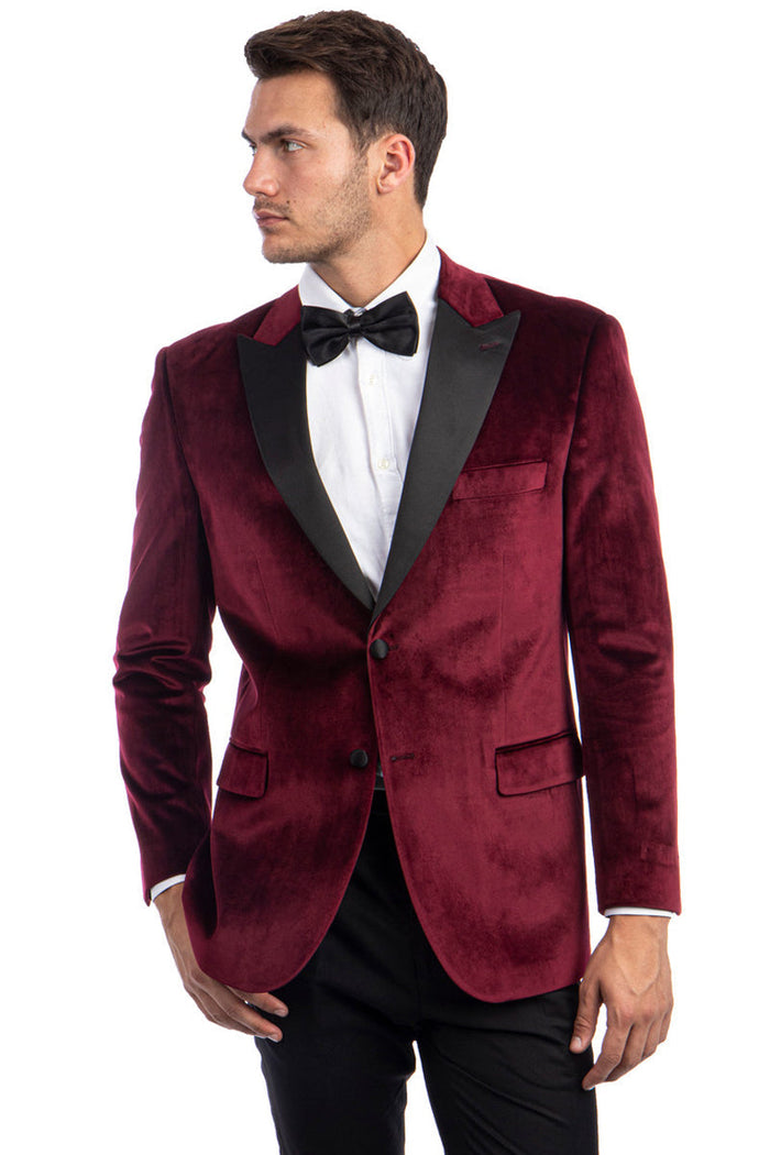Men's Two Button Peak Lapel Velvet Wedding & Prom Tuxedo Jacket in Burgundy by Tazzio