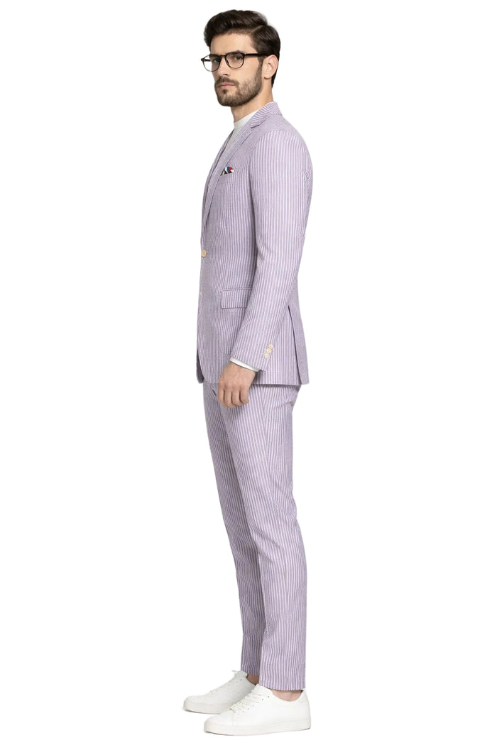 Mens Lavender Seersucker Suit Blazer + Pants Cotton Fabric - Summer Fabric by USA Men's Outlet