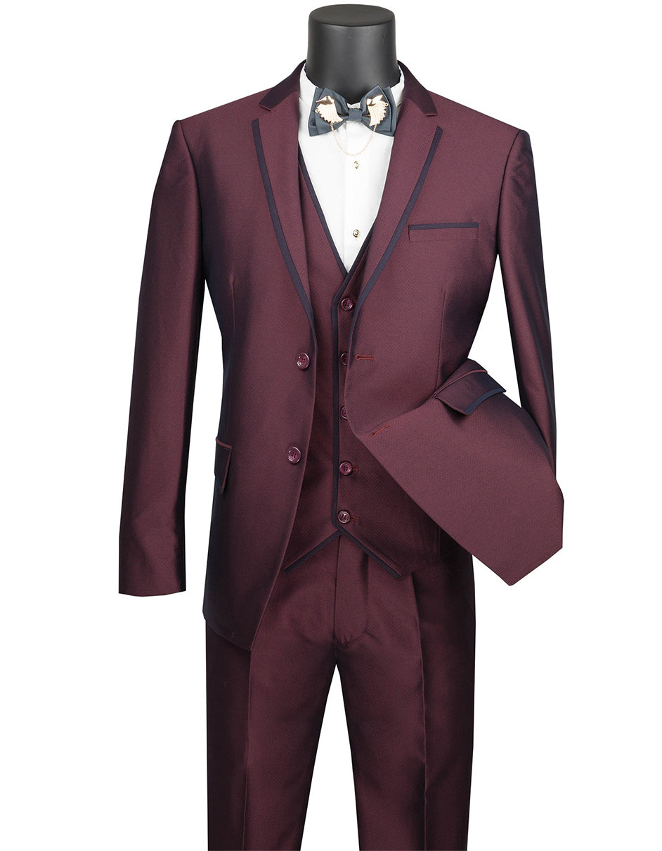 Maroon Prom Suit - Maroon Prom Tuxedo Suits - Maroon Wedding Tuxedo Mens Ultra Slim Fit Sharkskin Tuxedo with Satin Trim in Burgundy by PROMTUXEDO