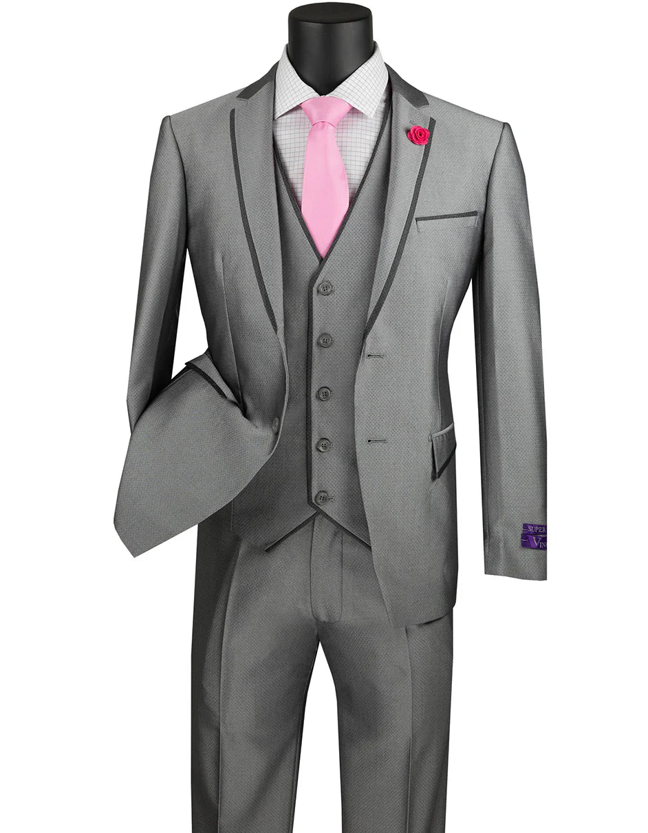 Gray Prom Suit - Mens Ultra Slim Fit Sharkskin Tuxedo with Satin Trim in Grey