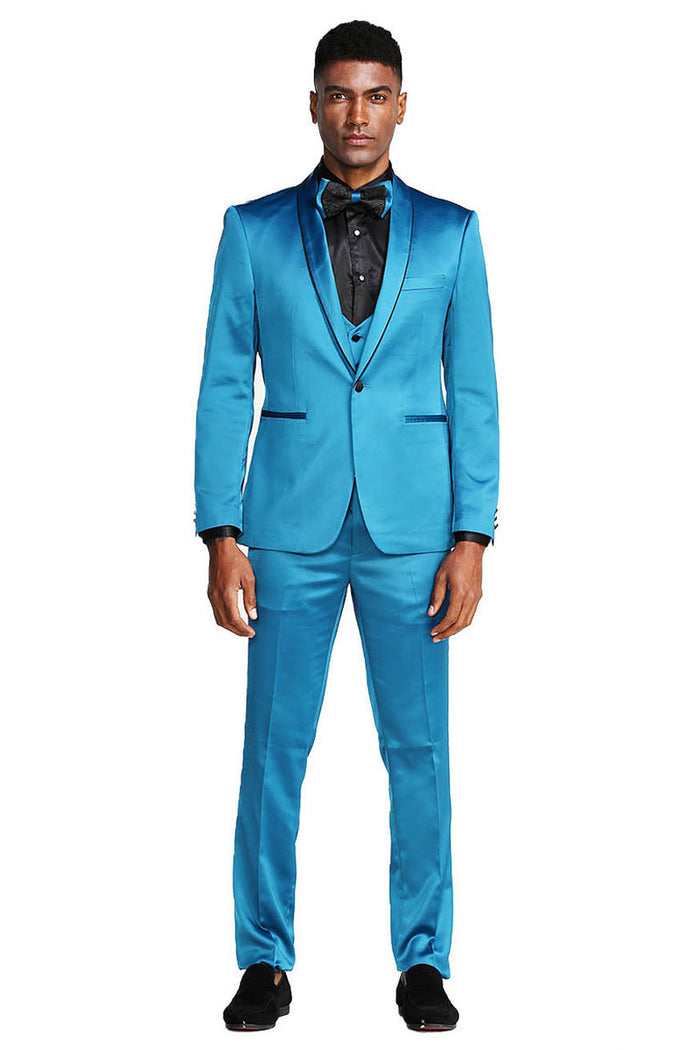 Turquoise Men's Slim Fit Vested Satin Tuxedo Suit for Prom & Wedding by Tazzio