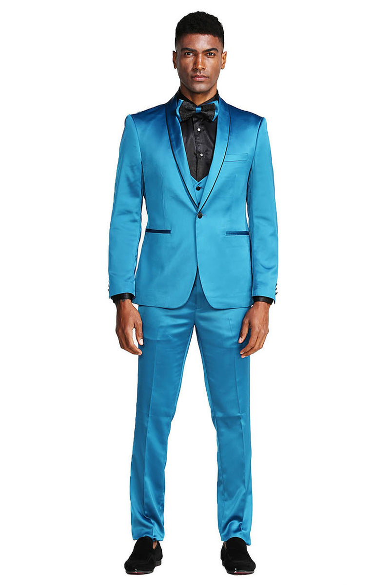 Turquoise Men's Slim Fit Vested Satin Tuxedo Suit for Prom & Wedding by Tazzio
