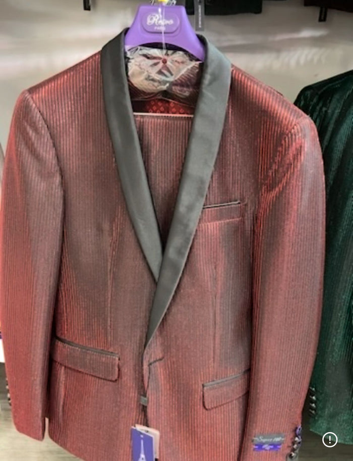 Men's Burgundy Shiny Tuxedo with Black Satin Shawl Lapel - Ultra Slim Fit Party & Prom Suit by USA Men's Outlet
