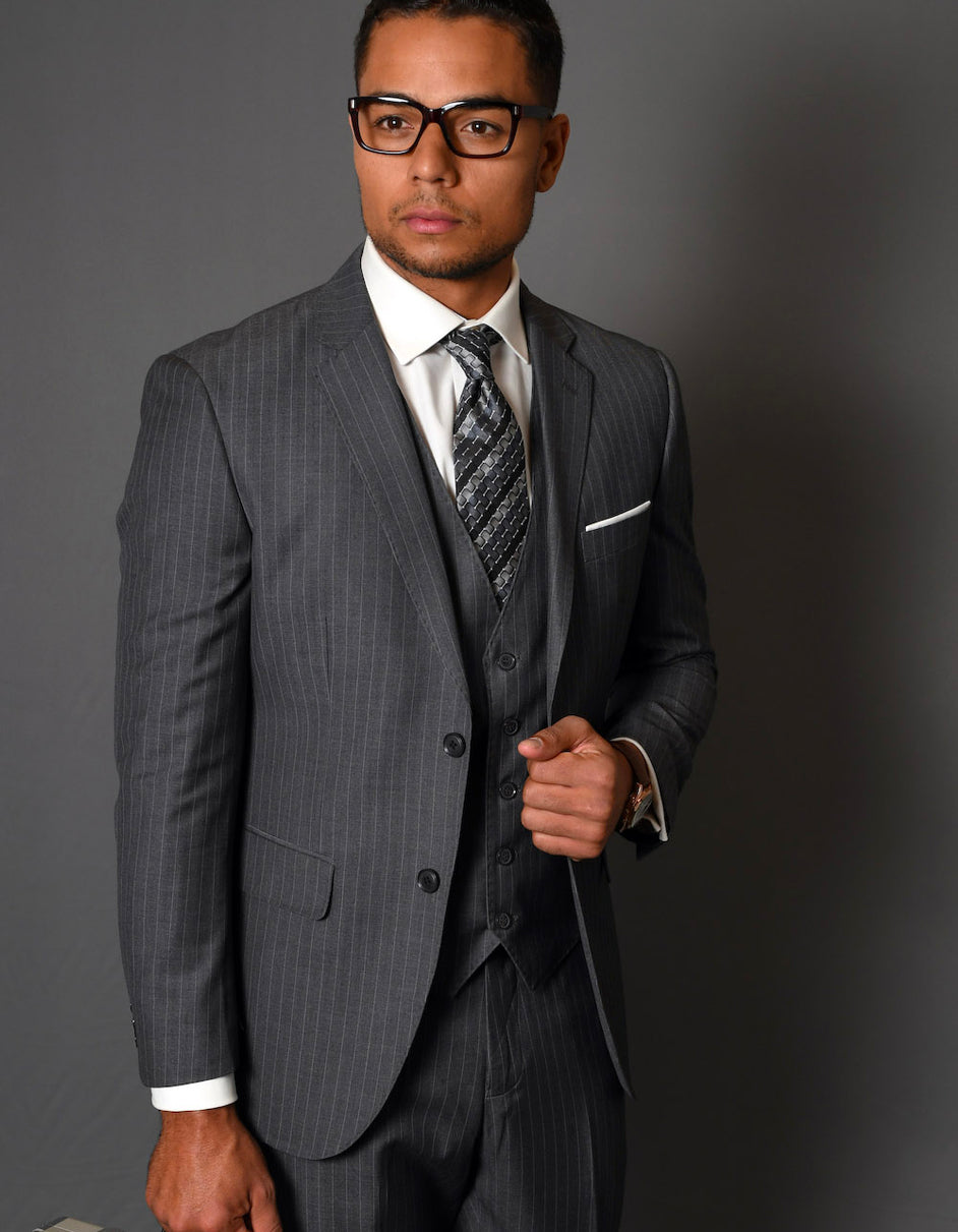 Mens 2 Button Vested Modern Fit Wool Suit in Charcoal Grey Pinstripe – SuitUSA