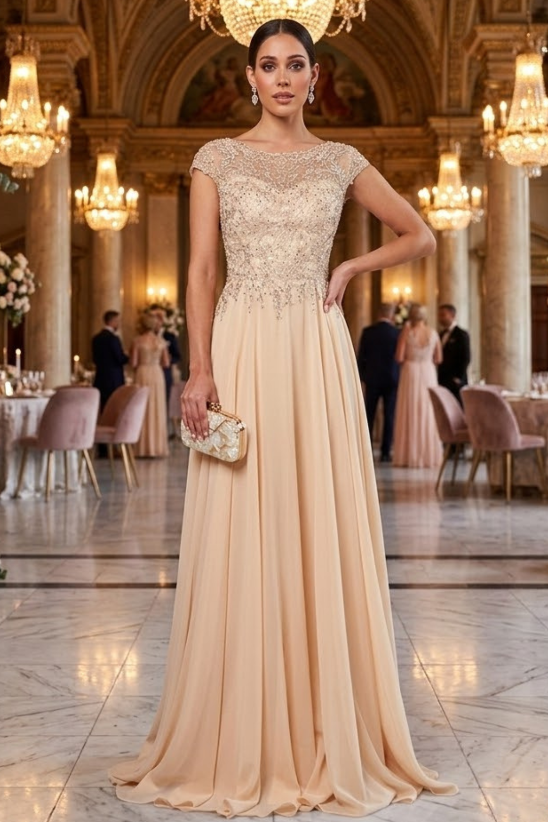 Deklaire K311 Chiffon A-Line Gown with Cap Sleeves – Mother of the Bride Dress