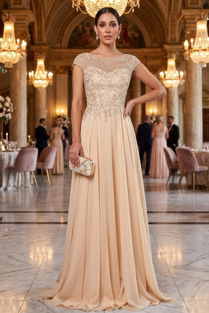 Deklaire K311 Chiffon A-Line Gown with Cap Sleeves – Mother of the Bride Dress