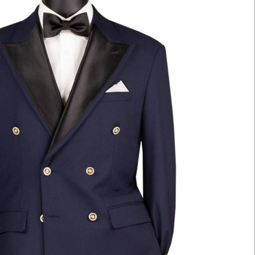 Men's Double Breasted Satin Peak Lapel Modern Fit Blazer with Bow Tie - Navy