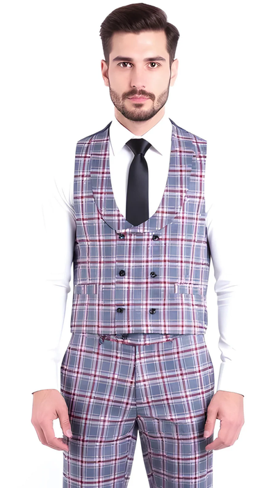 Stylish Grey and Red Checkered Suit for Men – Slim Fit 3 Piece Formal Outfit