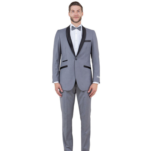 Men's Slim Fit One Button Satin Shawl Collar Tuxedo Suit - Light Grey