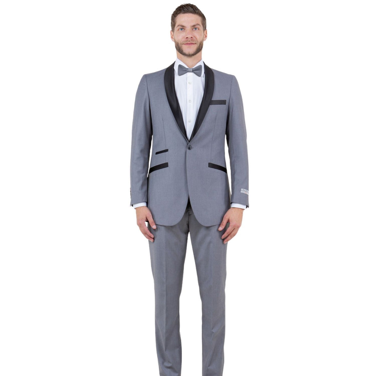 Men's Slim Fit One Button Satin Shawl Collar Tuxedo Suit - Light Grey