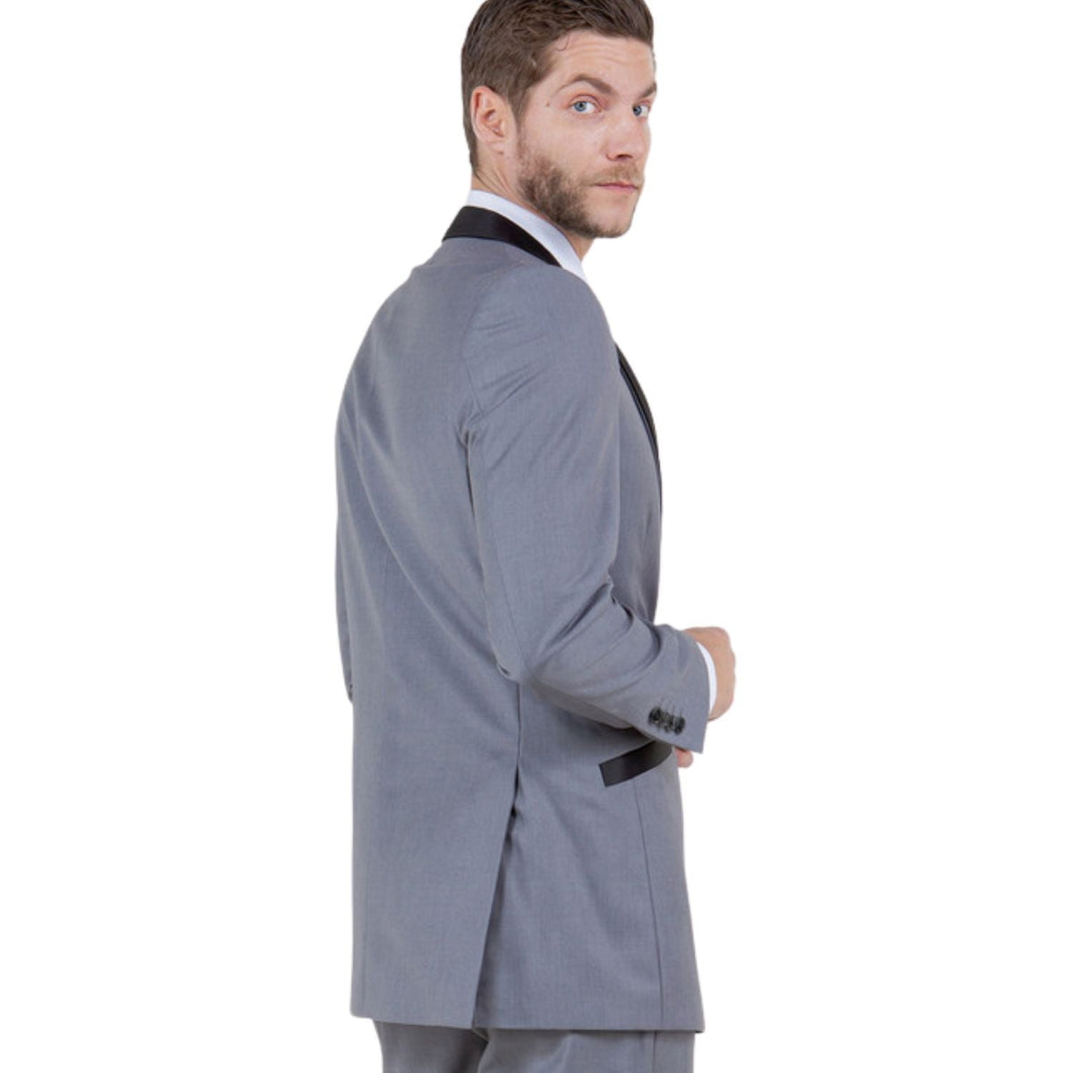 Men's Slim Fit One Button Satin Shawl Collar Tuxedo Suit - Light Grey