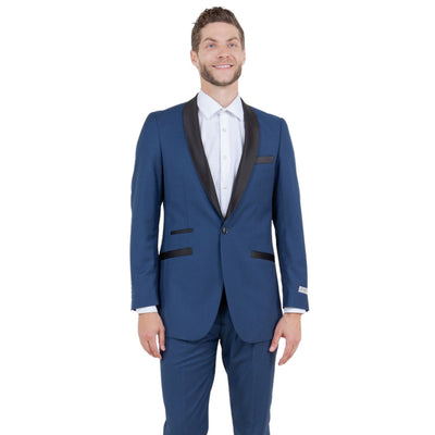 Men's Slim Fit One Button Satin Shawl Collar Tuxedo Suit - Blue