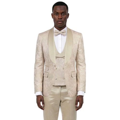 Men's Skinny Fit Jacquard 3 Piece Tuxedo with Double Breasted Vest - Beige