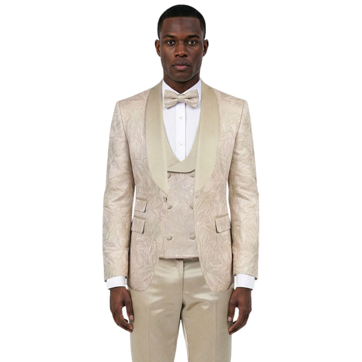 Men's Skinny Fit Jacquard 3 Piece Tuxedo with Double Breasted Vest - Beige