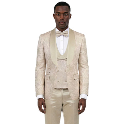 Men's Skinny Fit Jacquard 3 Piece Tuxedo with Double Breasted Vest - Beige