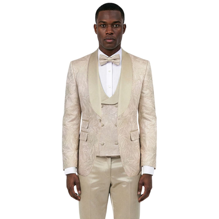 Men's Skinny Fit Jacquard 3 Piece Tuxedo with Double Breasted Vest - Beige