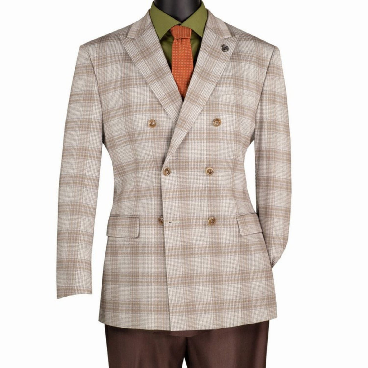 Men's Tan Double Breasted Windowpane Stretch Blazer