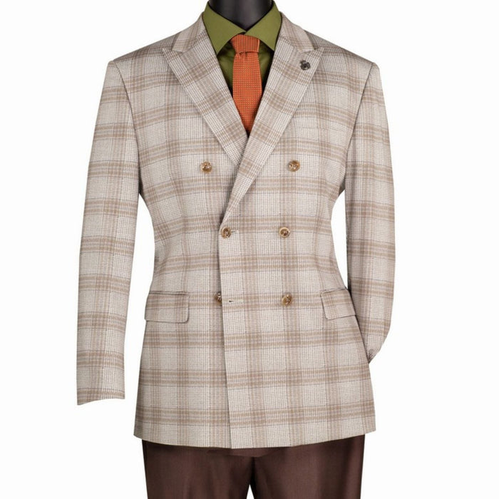 Men's Tan Double Breasted Windowpane Stretch Blazer