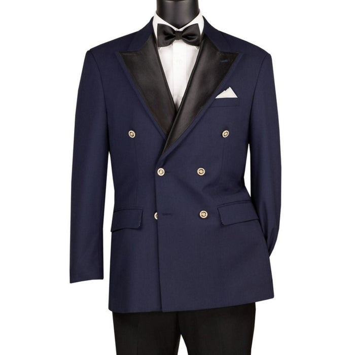Men's Double Breasted Satin Peak Lapel Modern Fit Blazer with Bow Tie - Navy