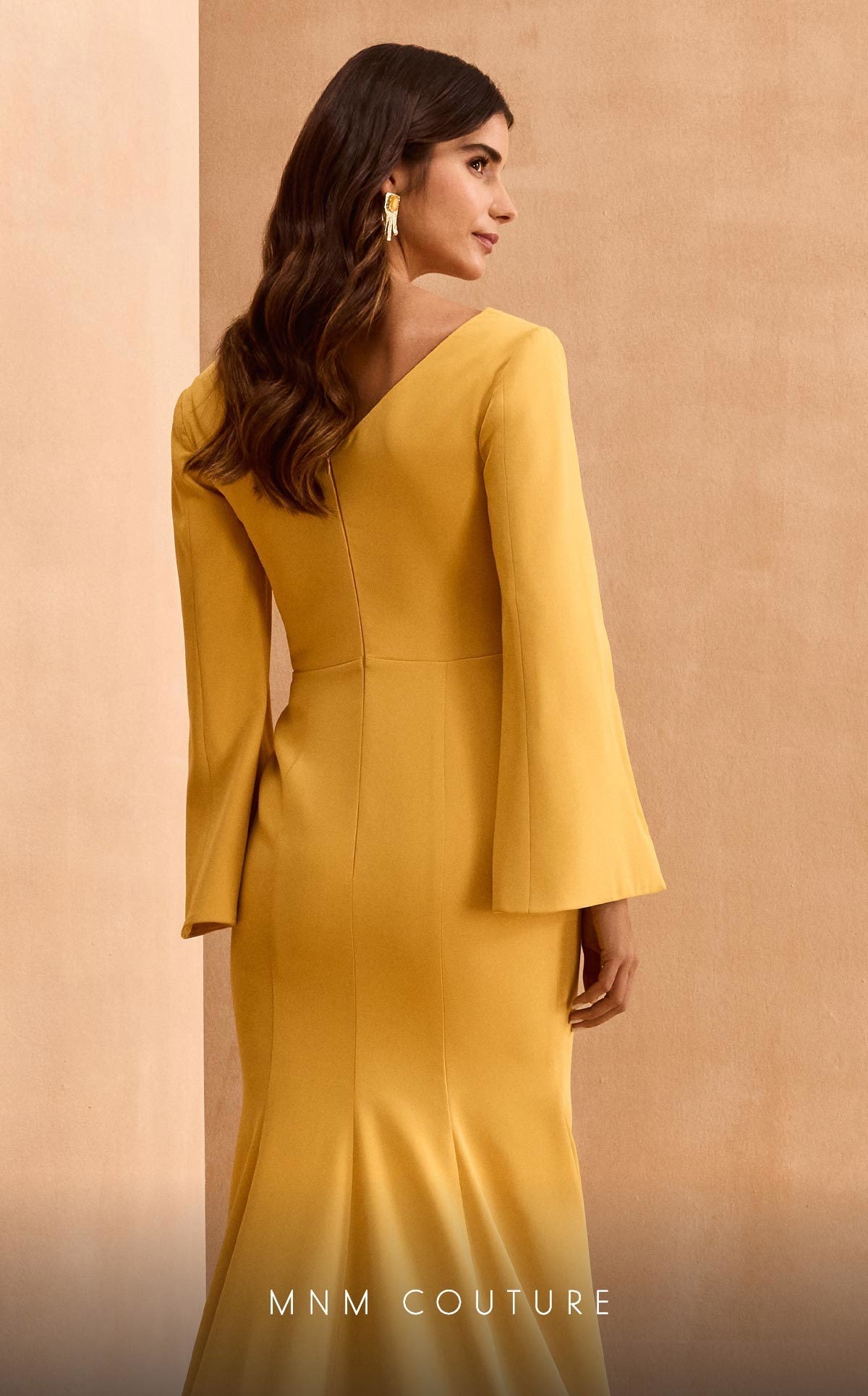 MNM Couture V02044 Mustard Evening Gown with Intricate Detailing