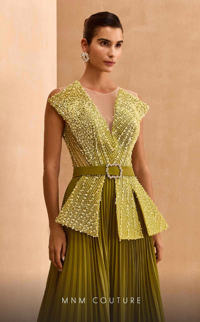green dress with pleated skirt MNM Couture V07014 Beaded Peplum Gown material:leather