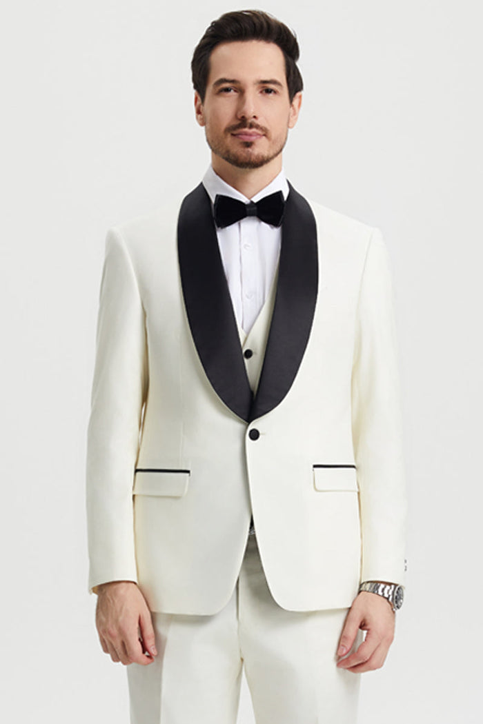 Men's Stacy Adams Vested One Button Shawl Lapel Designer Tuxedo in Ivory