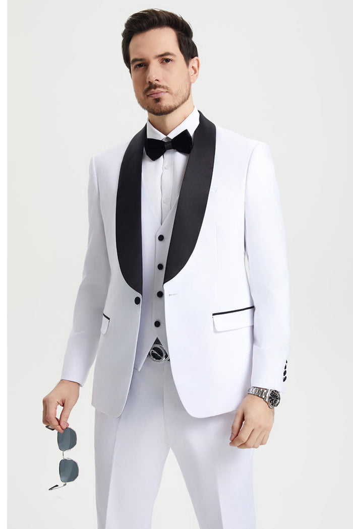 Men's Stacy Adams Vested One Button Shawl Lapel Designer Tuxedo in White