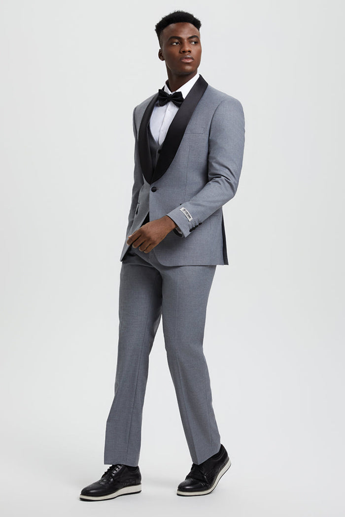Men's Stacy Adams Vested One Button Shawl Lapel Designer Tuxedo in Grey