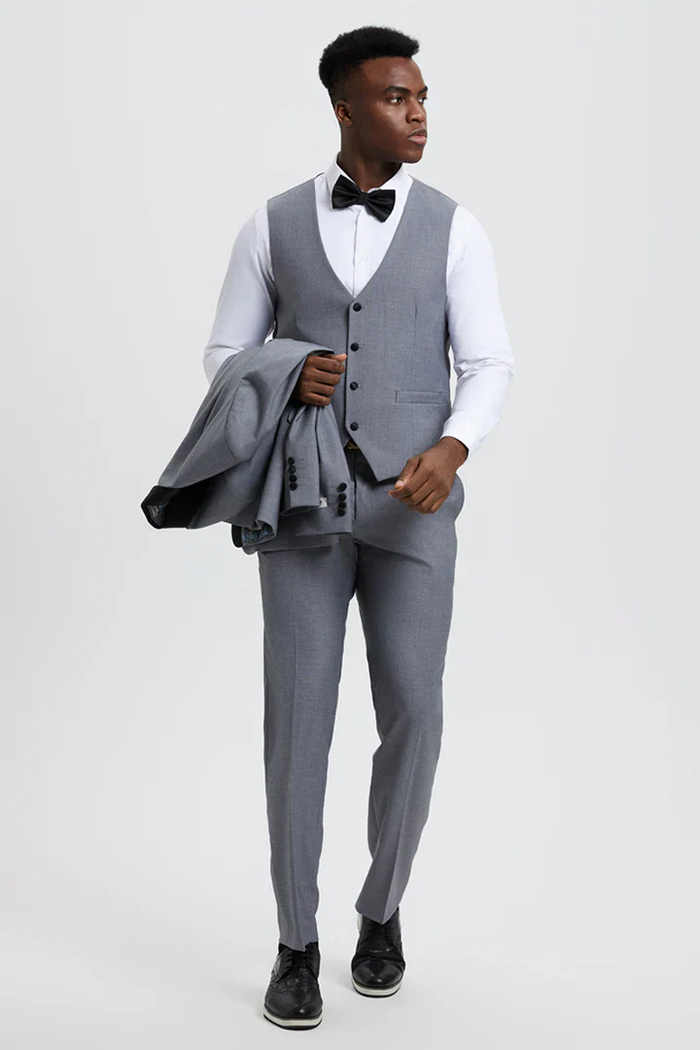 Designer Gray Prom Tuxedo - Grey Wedding Stacy Adams Suit PROMTUXEDO