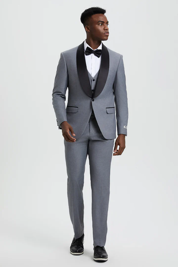 Designer Gray Prom Tuxedo - Grey Wedding Stacy Adams Suit PROMTUXEDO