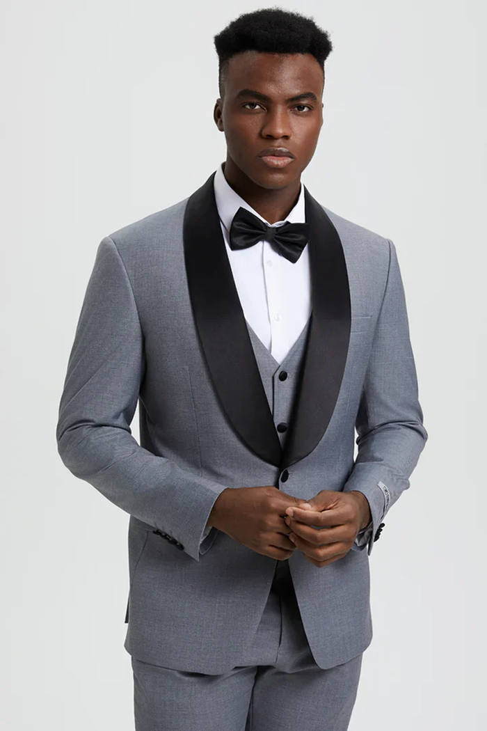 Designer Gray Prom Tuxedo - Grey Wedding Stacy Adams Suit PROMTUXEDO