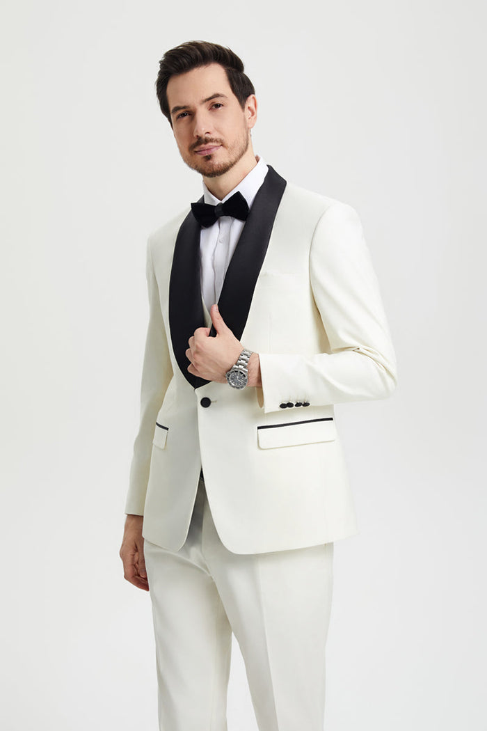 Men's Stacy Adams Vested One Button Shawl Lapel Designer Tuxedo in Ivory