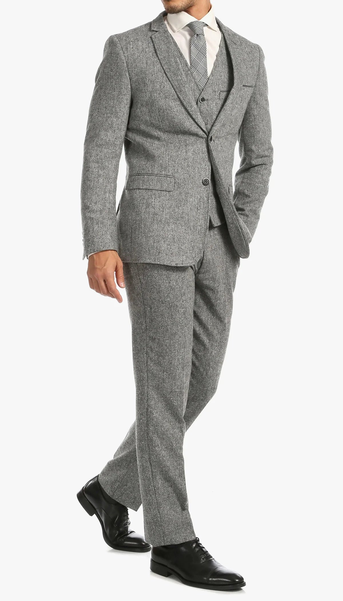 Men’s Grey Tweed Three Piece Suit – Vintage British Fabric Slim Fit Wedding & Business Wear