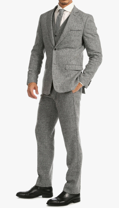 Men’s Grey Tweed Three Piece Suit – Vintage British Fabric Slim Fit Wedding & Business Wear