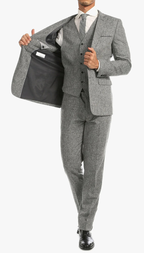 Men’s Grey Tweed Three Piece Suit – Vintage British Fabric Slim Fit Wedding & Business Wear