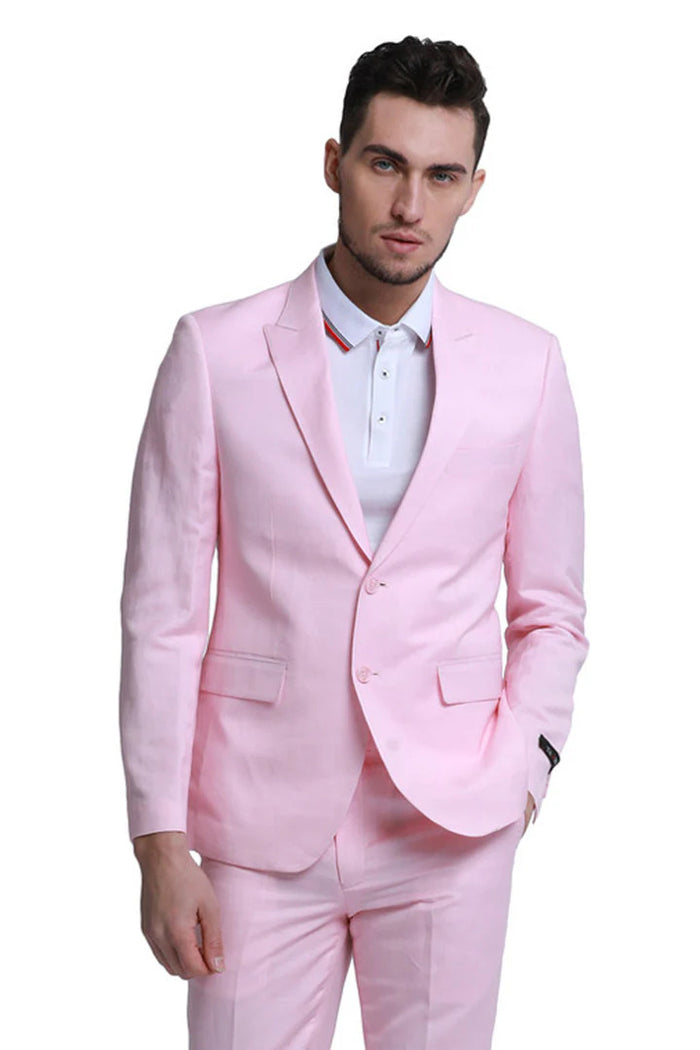 Mens Two Button Peak Lapel Summer Linen Style Beach Wedding Suit in Pink
