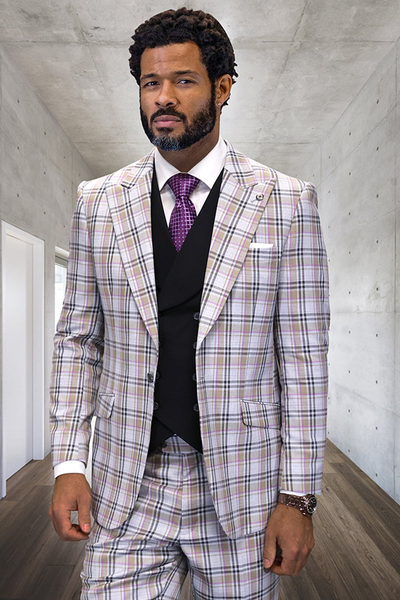 Men's Modern Wool Suit in Grey & Tan Glen Plaid