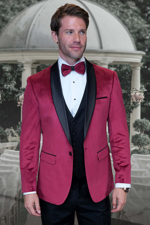 Men's Burgundy Vested Velvet Suit for Weddings & Prom