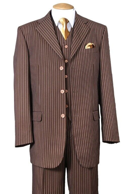 Mens 3 Button Bold 1920's Gangster Pinstripe Vested Suit in Brown by Fortino Landiin