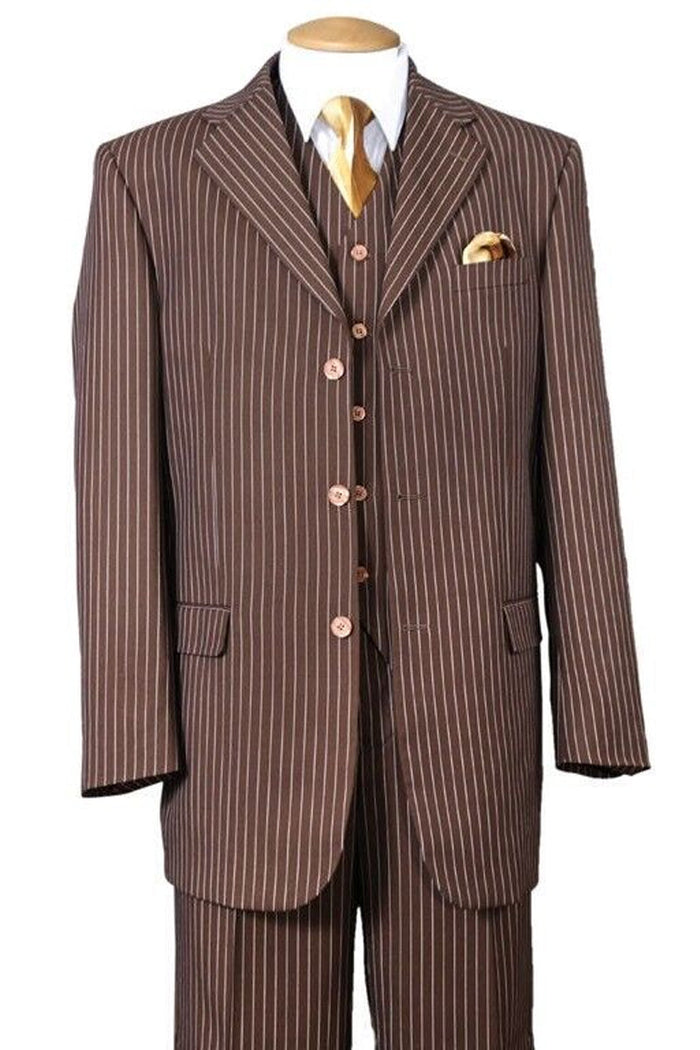 Mens 3 Button Bold 1920's Gangster Pinstripe Vested Suit in Brown by Fortino Landiin