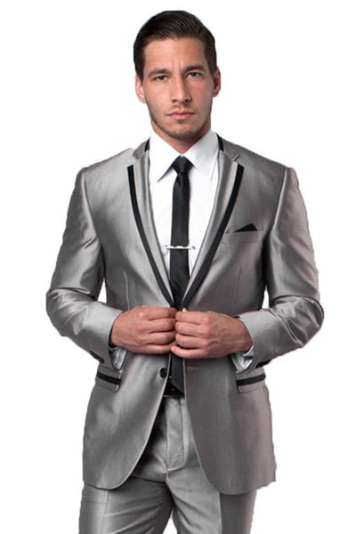 Men's Two Button Slim Fit Wedding & Prom Tuxedo Suit in Shiny Silver Sharkskin with Black Piping by Tazzio