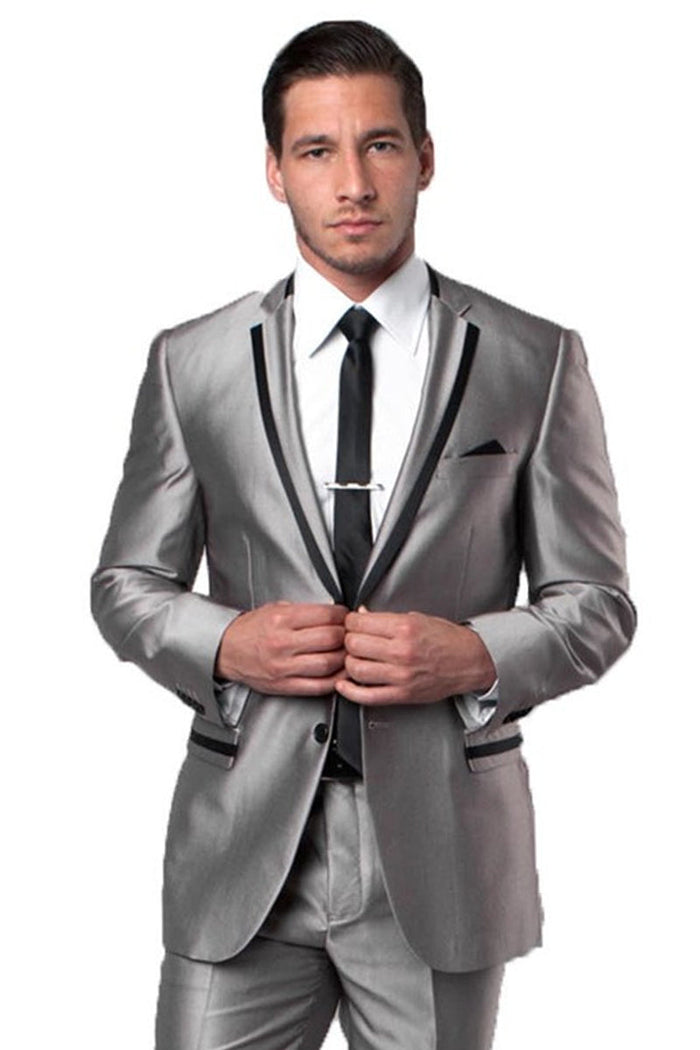 Men's Two Button Slim Fit Wedding & Prom Tuxedo Suit in Shiny Silver Sharkskin with Black Piping by Tazzio