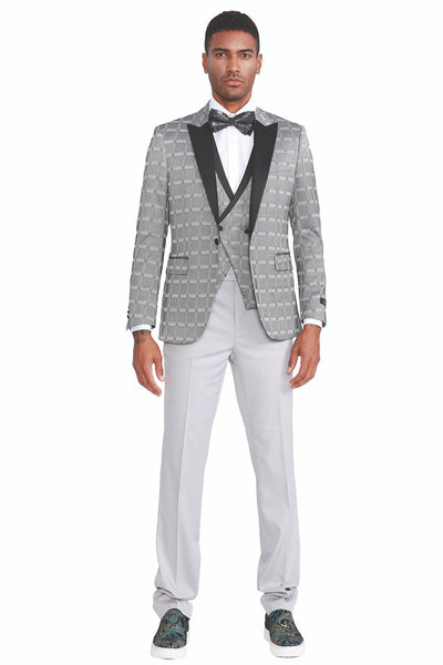 Men's Silver Grey Plaid Tuxedo with Double Vested Detail