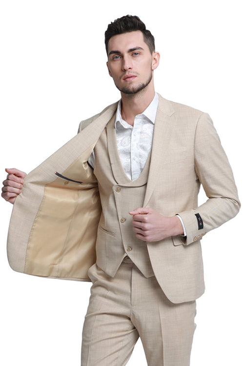 Men's Khaki Sharkskin Suit with Double Breasted Vest