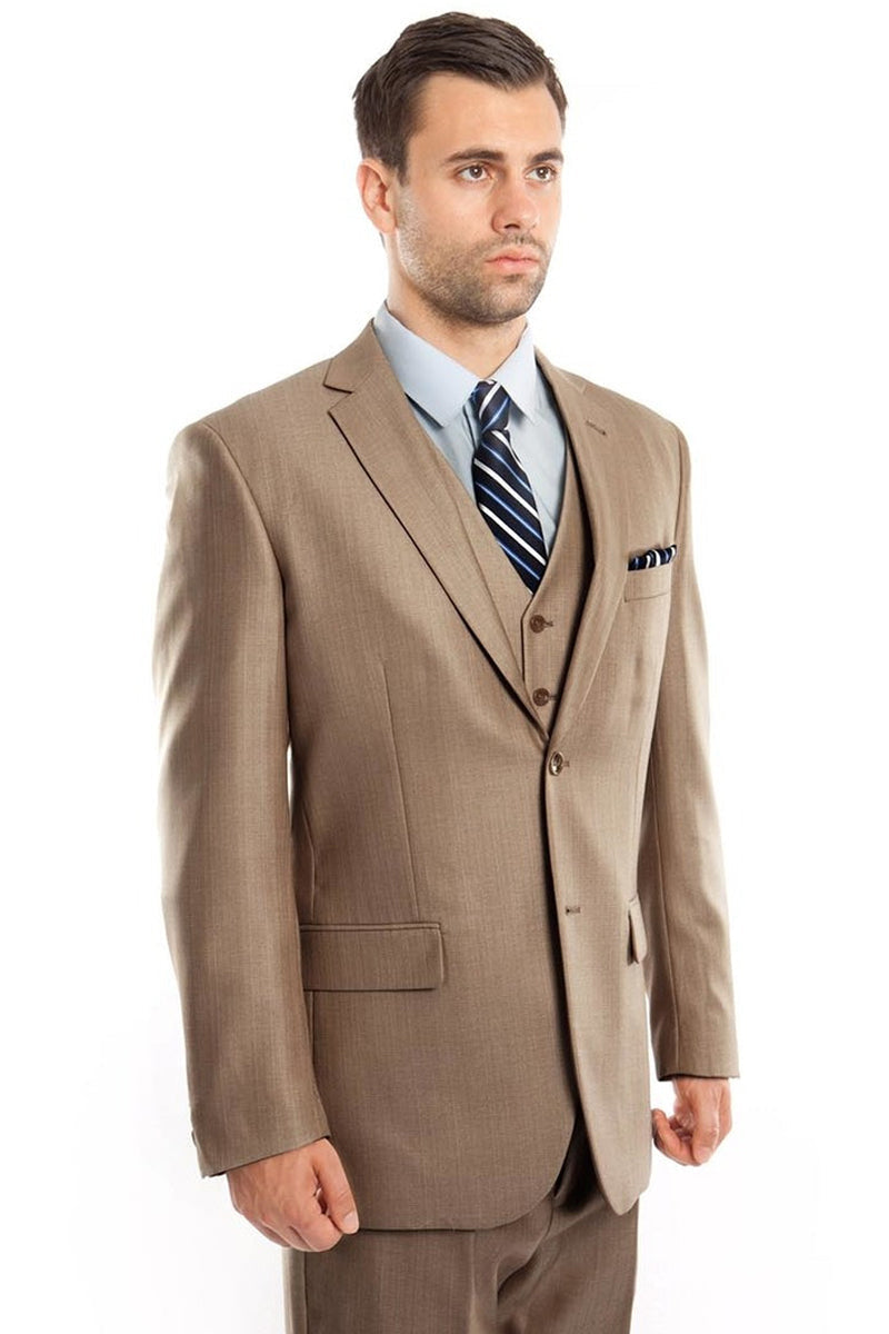 Men's Dark Tan Sharkskin Suit with Vested Elegance