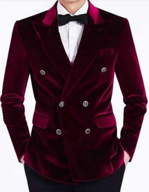 Mens Double Breasted Six Button Velvet Blazer - Burgundy Tuxedo by Men's Tuxedo USA