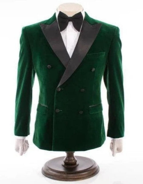 Mens Double Breasted Velvet Blazer - Green and Black Tuxedo by Men's Tuxedo USA