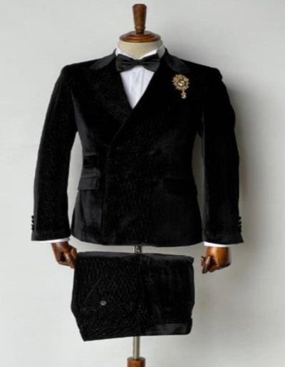 Mens Peak Label Double Breasted Velvet Black Tuxedo by Men's Tuxedo USA