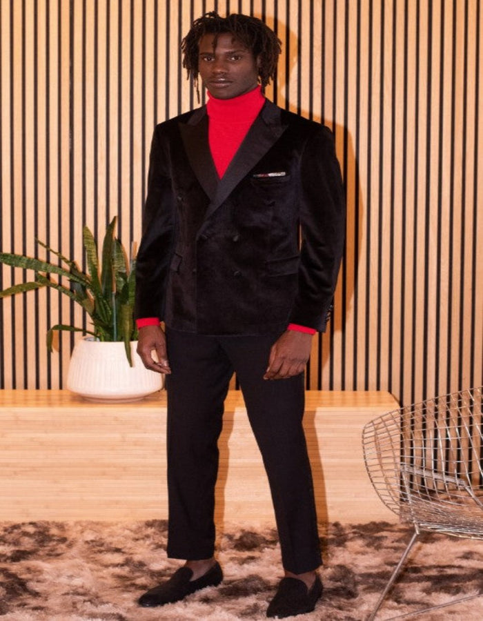 Double Breasted Tuxedo - Velvet Dinner Jacket with Pants in Color Black by USA Men's Outlet